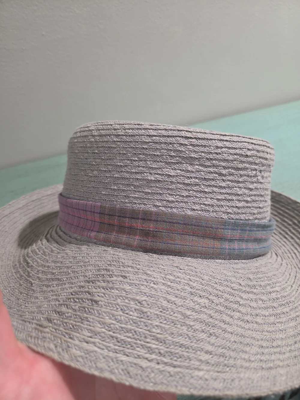August Hats Gray Hemp Blend Plaid Band Boater Hat